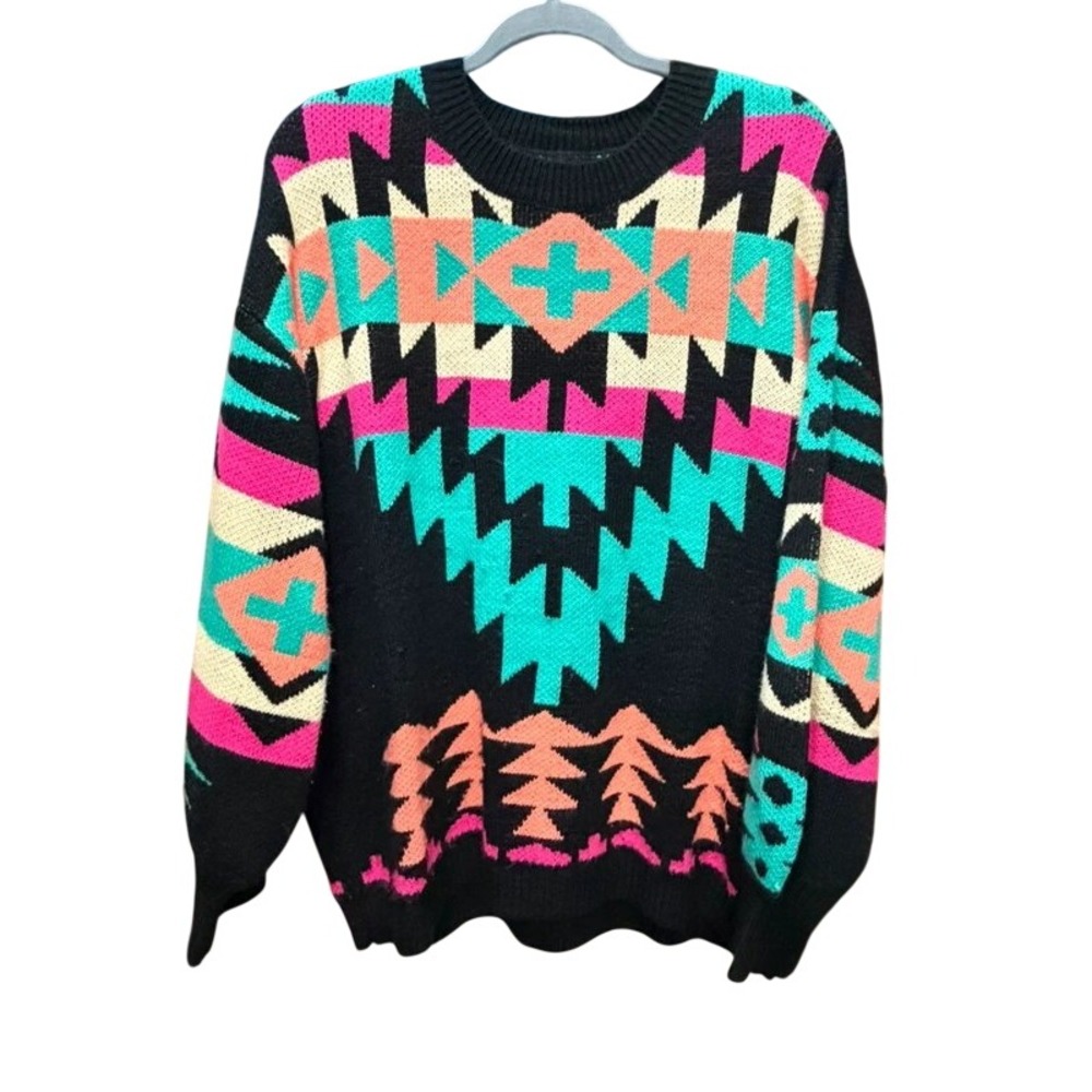 Sterling Kreek Southwestern Aztec Geometric Knit Sweater Black Pink Turquoise M